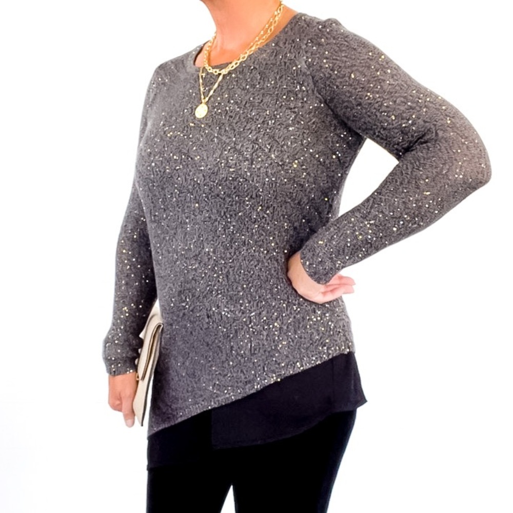 Apt.9 Gray Sequin Asymmetrical Sweater - Small - image 4